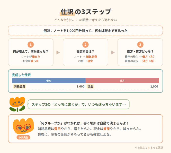 仕訳の3ステップ(何が増えて減ったか→勘定科目→借方・貸方)